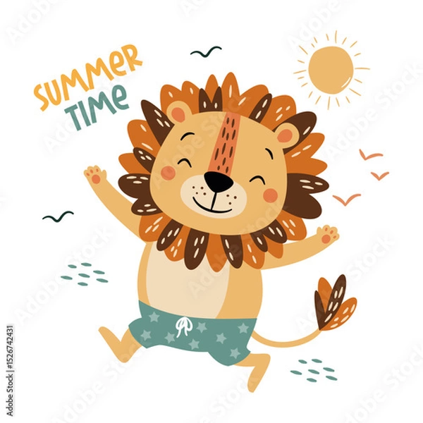 Obraz Flat vector illustration in a simple children's style. Cute lion in swimming trunks and inscription summer time. Vector illustration