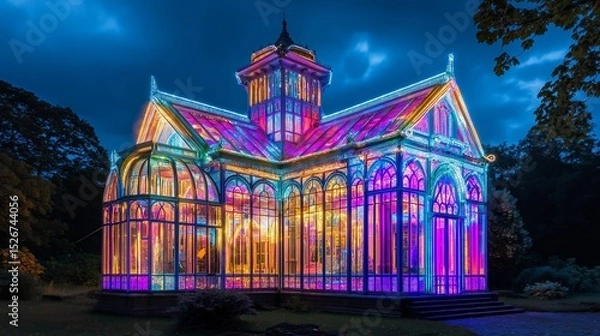 Obraz Beautiful building with colorful stained glass windows glowing at night.