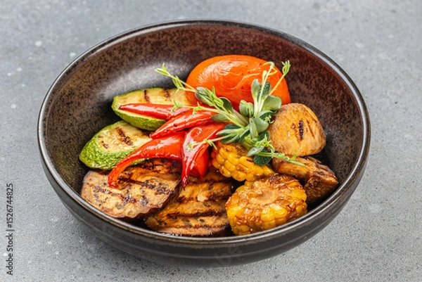 Obraz Assorted grilled vegetables including zucchini, eggplant, pepper, corn, and tomato served in a rustic bowl.