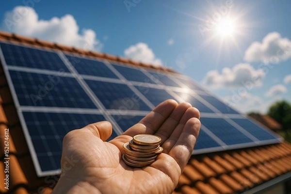 Obraz Solar Panel Investment: Hand Holding Coins with Panels on Roof Against Sky, Illustrating Clean Energy Savings and Sustainable Future