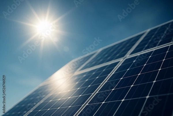 Obraz Close-up of Solar Panels Under Bright Sun: Clean Energy, Sustainability and Innovation for a Greener Future