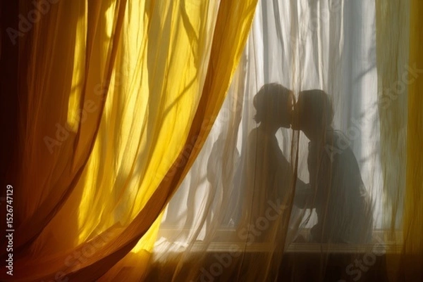 Fototapeta Curtain with light yellow and white colors, sunlight shining through the curtains, silhouette of two people kissing in front of it, bedroom background