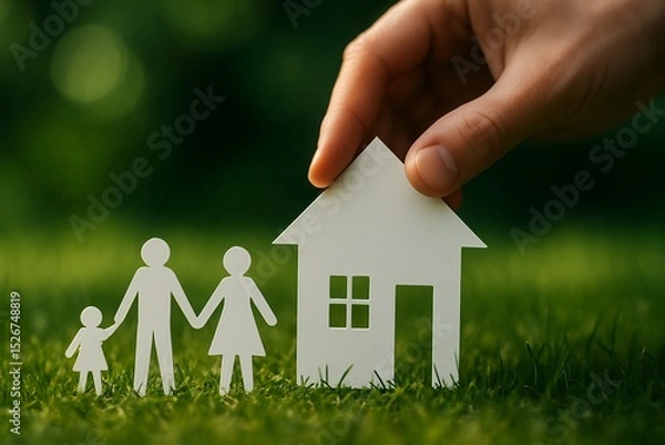 Obraz Paper Family Holding Hands with House on Green Grass: Home Ownership and Security Concept