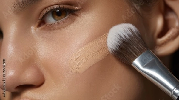 Obraz Close-up of caucasian female applying foundation with brush