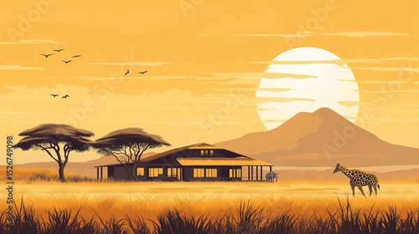 Obraz Safari lodge at sunset in an african landscape with giraffes and elephants.