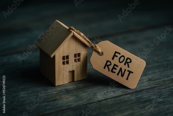 Obraz Wooden House Model with 'For Rent' Tag: Property Rental and Real Estate Market Investment Opportunities, Housing Solutions and Leasing Concepts