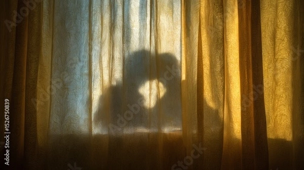Fototapeta Curtain with light yellow and white colors, sunlight shining through the curtains, silhouette of two people kissing in front of it, bedroom background