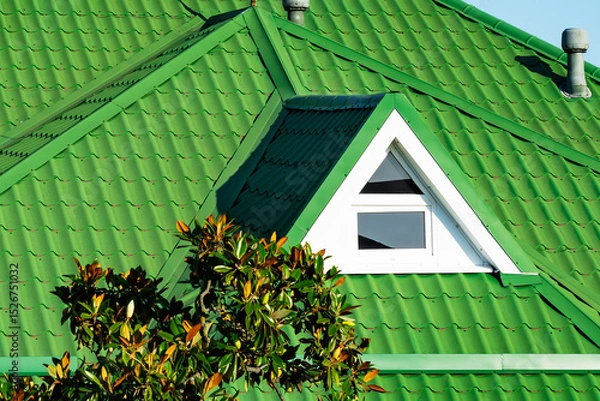 Fototapeta Dormer window on a roof with green tiles. Growing nearby Mognolia. Lucarne