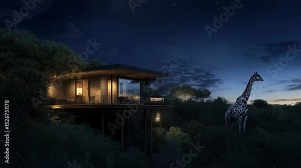 Obraz Safari lodge at night under a full moon. African landscape. Travel and adventure.