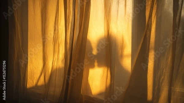 Fototapeta Curtain with light yellow and white colors, sunlight shining through the curtains, silhouette of two people kissing in front of it, bedroom background