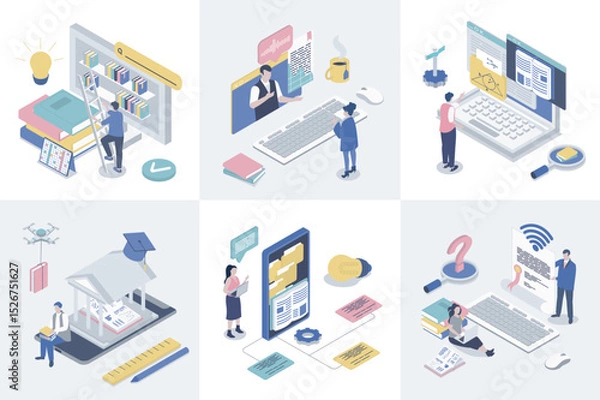 Fototapeta Online education 3d isometry concept for web design. Collection set with isometric people studying distantly at school, college or university platforms, reading digital books. Vector illustration.