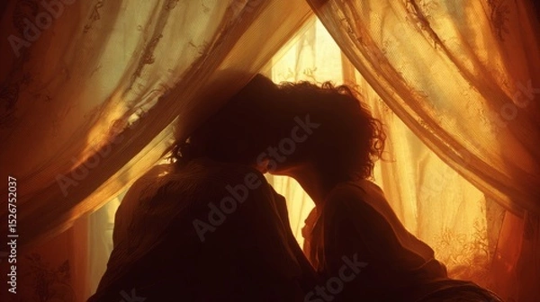 Fototapeta Curtains blowing in the wind, a couple kissing behind them, golden hour, white curtains, a window, a romantic, soft-lit scene, silhouettes, a blurred background, a cozy atmosphere, love and romance, a