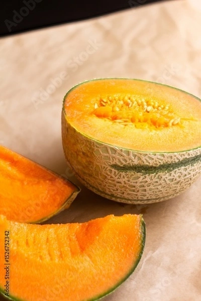 Obraz Freshly Sliced Cantaloupe Melon on Parchment Background