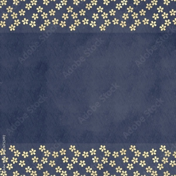 Obraz 正方形和風花柄テンプレート。紺色の和紙風の背景の上下に金色の小桜模様　