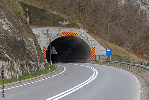 Fototapeta Cuved Road in to Concrete Tunnel Under Mountain Serbia Spring Day