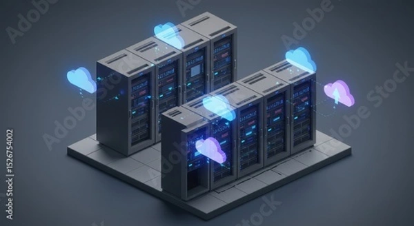 Fototapeta Isometric server racks with cloud data