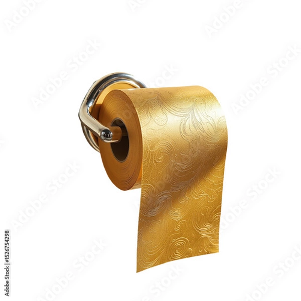 Fototapeta Luxury gold toilet paper roll on chrome holder.  Elegant, shiny texture. Perfect for bathroom decor, websites, and advertising. Ideal for high-end product visuals.