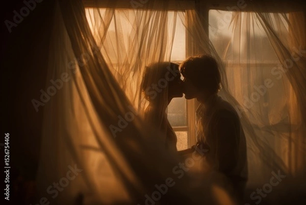 Fototapeta Curtains blowing in the wind, a couple kissing behind them, golden hour, white curtains, a window, a romantic, soft-lit scene, silhouettes, a blurred background, a cozy atmosphere, love and romance, a