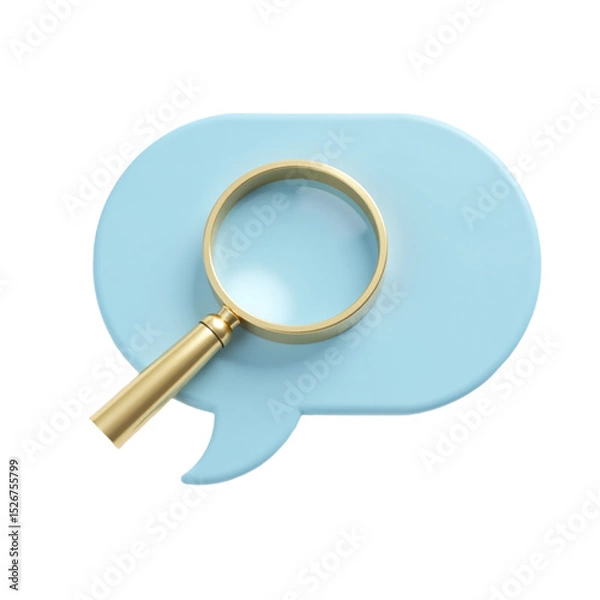 Fototapeta 3D render of a gold magnifying glass on a blue speech bubble. Ideal for website design, app interfaces, and marketing materials.  Perfect for concepts of search, communication, and discovery.