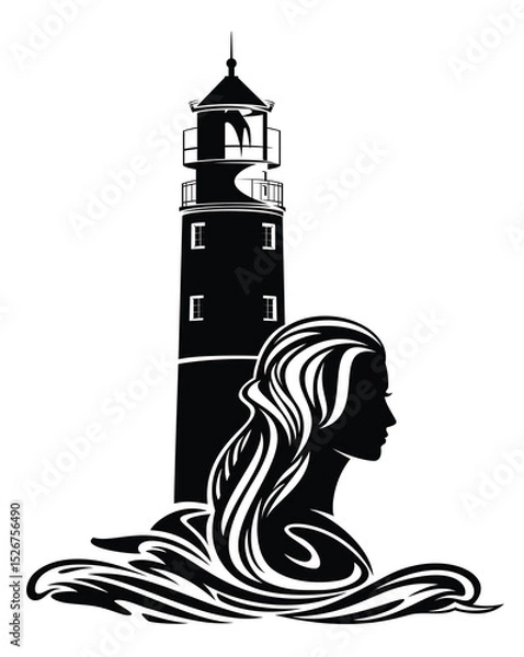 Obraz black and white vector silhouette portrait of beautiful fairy tale mermaid woman with long gorgeous hair among sea waves by lighthouse