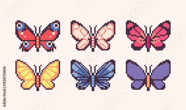 Fototapeta Butterflies and moth collection. Insects pixel art set.  8 bit sprite. Game development, mobile app. Isolated vector illustration.	