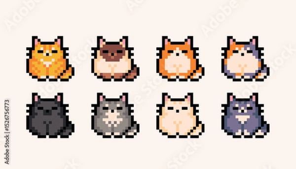 Fototapeta Different colors cats pixel art icon set. Kitty breeds logo collection. 8-bit sprite. Game development, mobile app. Isolated vector illustration.	