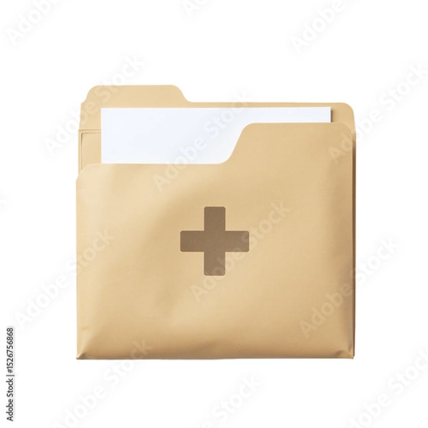 Fototapeta Beige folder with medical cross symbol & blank paper. Minimal design, perfect for healthcare, medical, or business presentations. Ideal for websites, brochures, and reports.