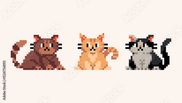 Fototapeta Different colors cats pixel art icon set. Kitty breeds logo collection. 8-bit sprite. Game development, mobile app. Isolated vector illustration.	