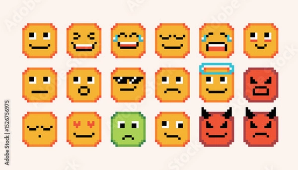 Fototapeta Emoji pixel art set. Smile faces collection. Facial expressions, reactions 8 bit sprite. Game development, mobile app. Isolated vector illustration.	
