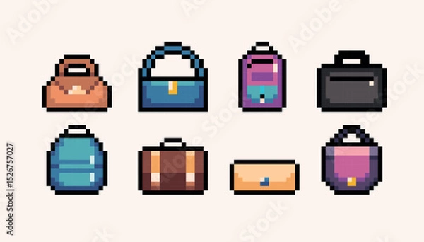Fototapeta Bags and backpack pixel art set. Fashion accessory, 8 bit. Game development, mobile app. Isolated vector illustration.