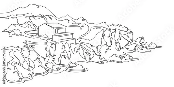 Fototapeta Continuous one line drawing Modern house on a cliff.House on the shore.Seascape.Rocky coast.One continuous line isolated minimal illustration.Not AI.