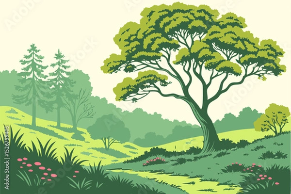 Fototapeta Vector Landscape Illustration of Scenic Green Hills with Trees – Flat Style Nature Artwork