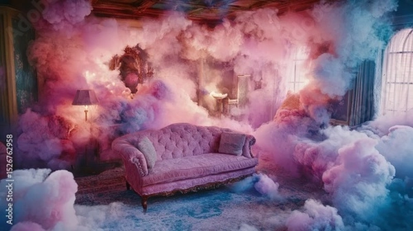 Fototapeta A room filled with colorful smoke, creating a surreal atmosphere.