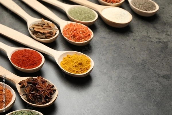 Obraz Many different spices in spoons on grey table, closeup. Space for text