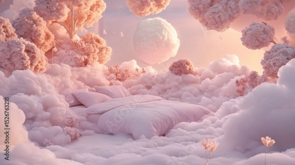 Fototapeta A dreamy landscape of soft clouds and a bed.