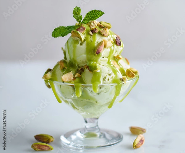 Obraz Pistachio ice cream sundae with green sauce