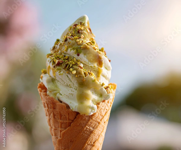 Obraz Pistachio gelato cone with sauce and nuts