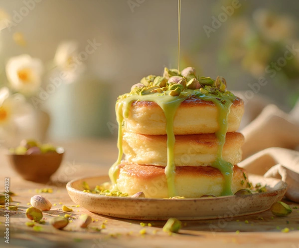 Obraz Pistachio drizzle pancake stack with morning light