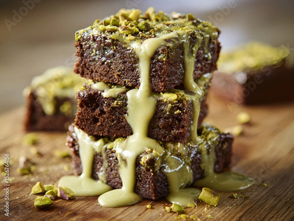 Obraz Pistachio drizzle brownie stack with crushed nuts