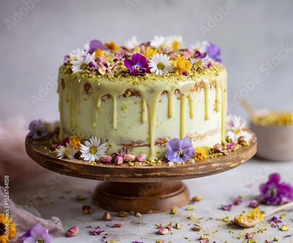 Obraz Pistachio drizzle cake with edible flowers