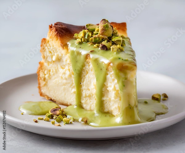Obraz Pistachio drizzle on creamy Basque cheesecake