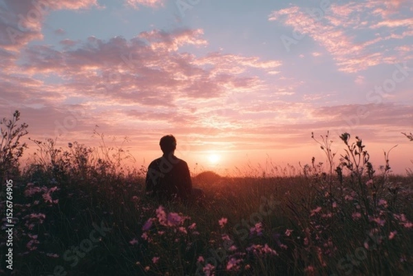Obraz Serene Sunset Over a Relaxed Individual in a Field of Wildflowers with a Colorful Sky and Soft Light Creating a Peaceful Atmosphere