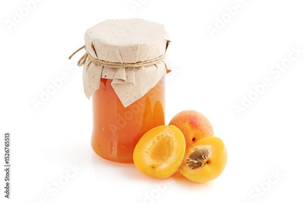 Fototapeta Jar of Apricot Jam with Fresh Apricot and Craft Paper Lid on White Background