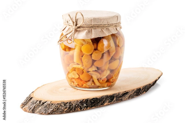 Fototapeta Jar of Pickled Honey Mushrooms with Craft Paper Lid on Wooden Stand, Isolated on White