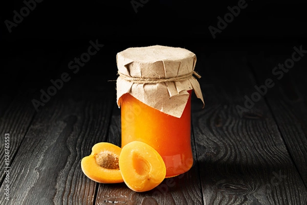 Fototapeta Jar of Peach Jam with Fresh Sliced Peach on Wooden Background