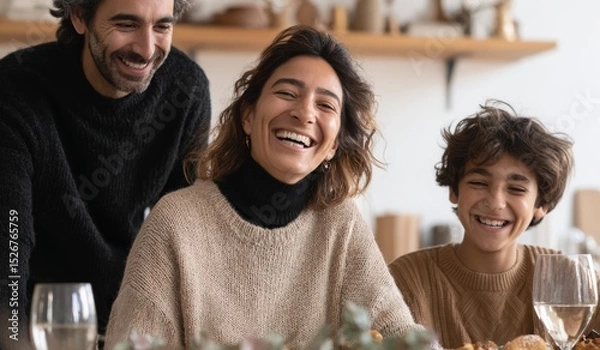 Fototapeta Photo of happy hispanic family laughing at the table, dad is standing behind mom and daughter while they both laugh out loud with joy, candid shot, warm colors, cozy home setting, candid photography s