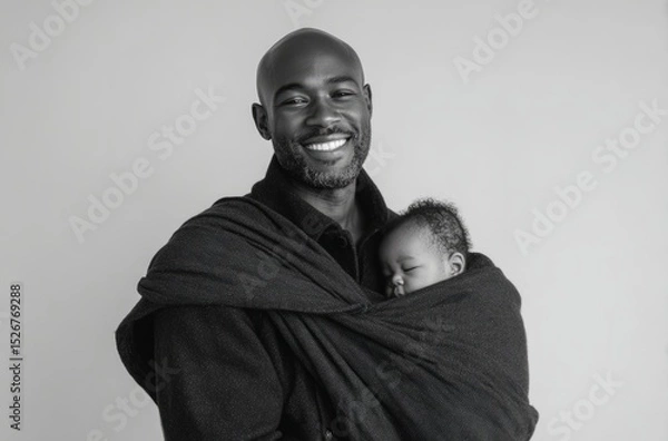 Fototapeta Photograph of a Black man with a bald head and short beard, smiling and wearing an all-black outfit. 