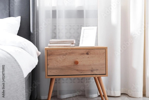 Fototapeta Bedside table with books and frame near bed indoors