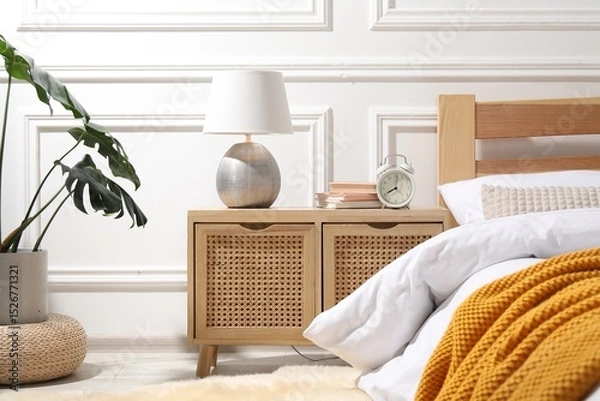 Obraz Bedside table with lamp, alarm clock and books near bed indoors
