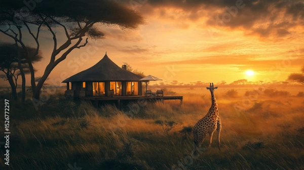 Obraz A lion resting by a tranquil pond in the savanna with a giraffe and zebras.